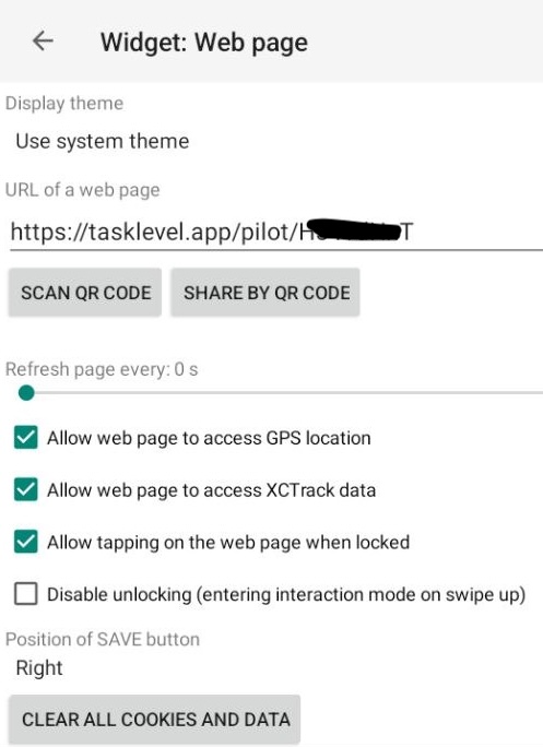 Mobile screenshot of the XCTrack web page widget settings for tasklevel.app.
