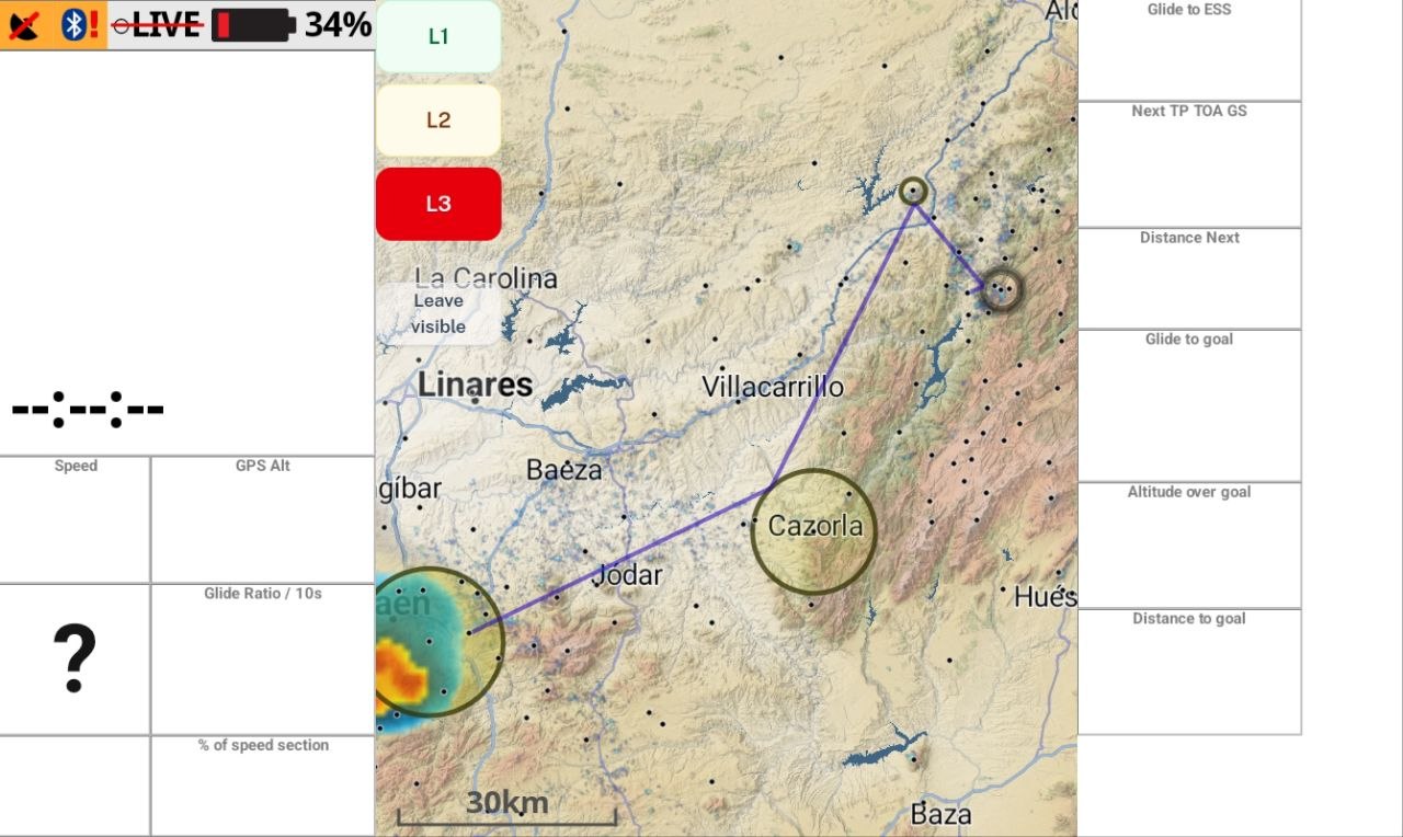XCTrack task map with tasklevel.app Level 1, Level 2, and Level 3 buttons.