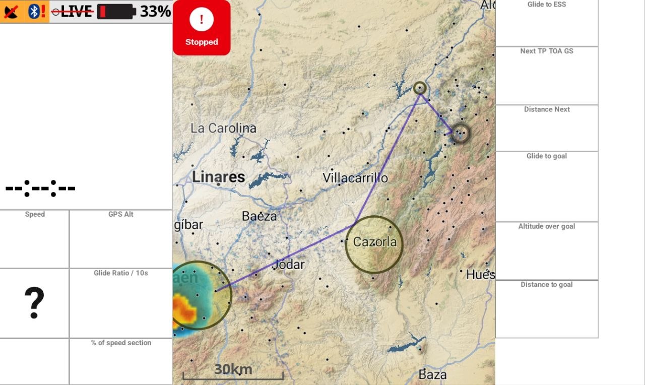 XCTrack task map with the tasklevel.app stopped notice.